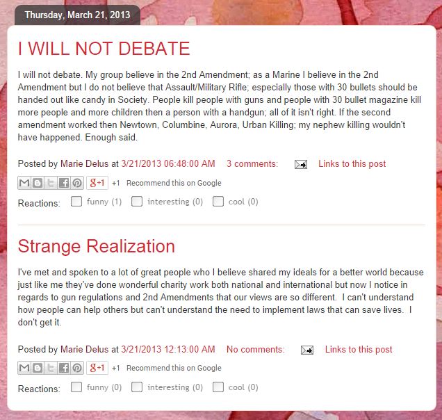 Marie Delus blog will not debate