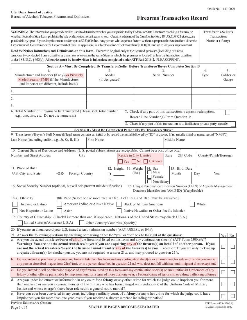 New 4473 Forms Gun Free Zone